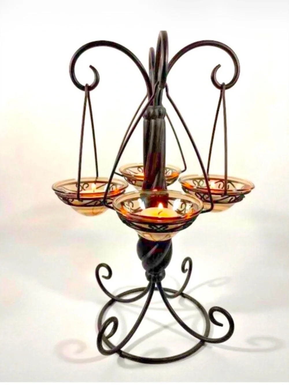 PartyLite Amber Glass Hanging Tealight Candelabra with Black Iron Stand Vintage - Picture 1 of 1